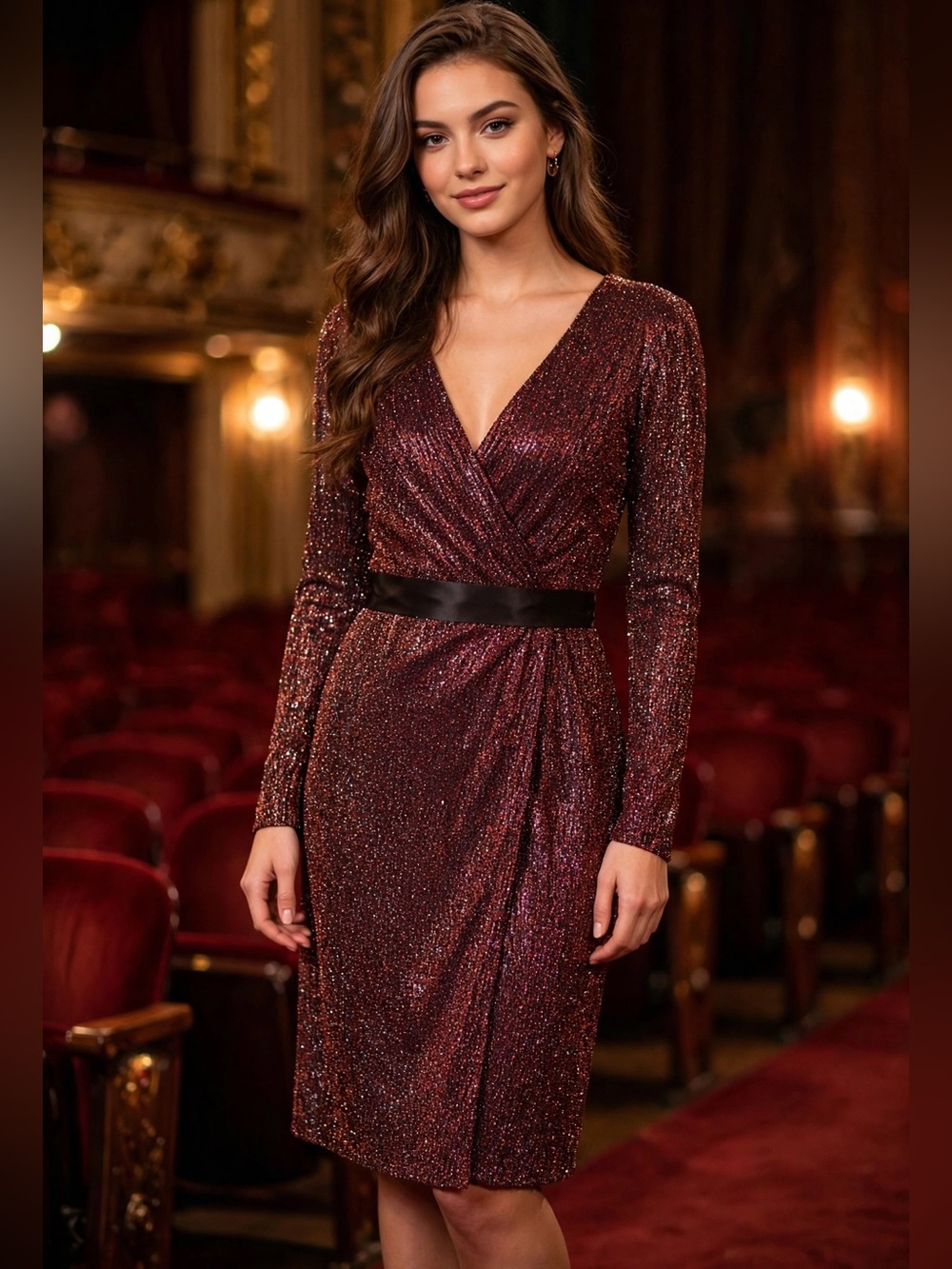 Shimmer Wrap Long-Sleeve Dress in Wine